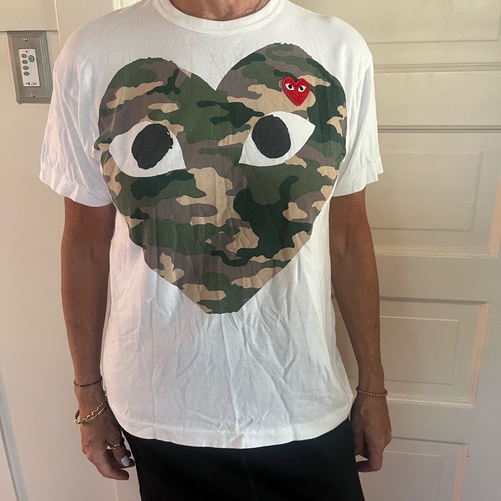Comme des Garcons White Tee with Camouflage Heart